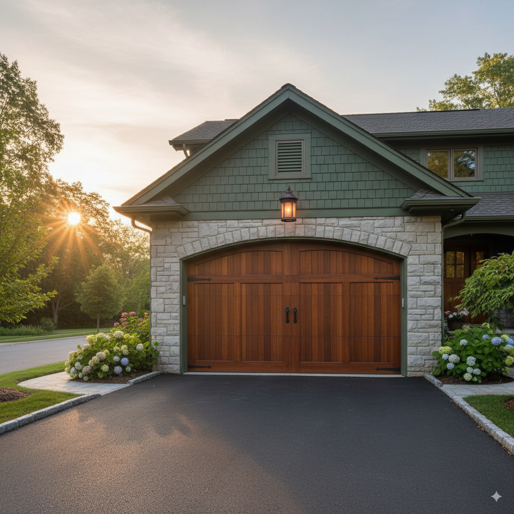 New double garage doors on a bright craftsman-style home
