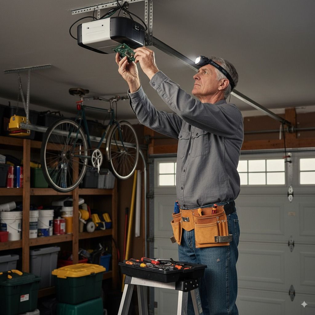 Technician replacing a broken garage door spring near Cleveland, TN