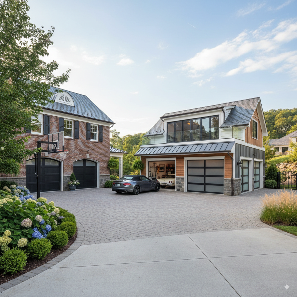 Modern garage with warm exterior lighting at sunset